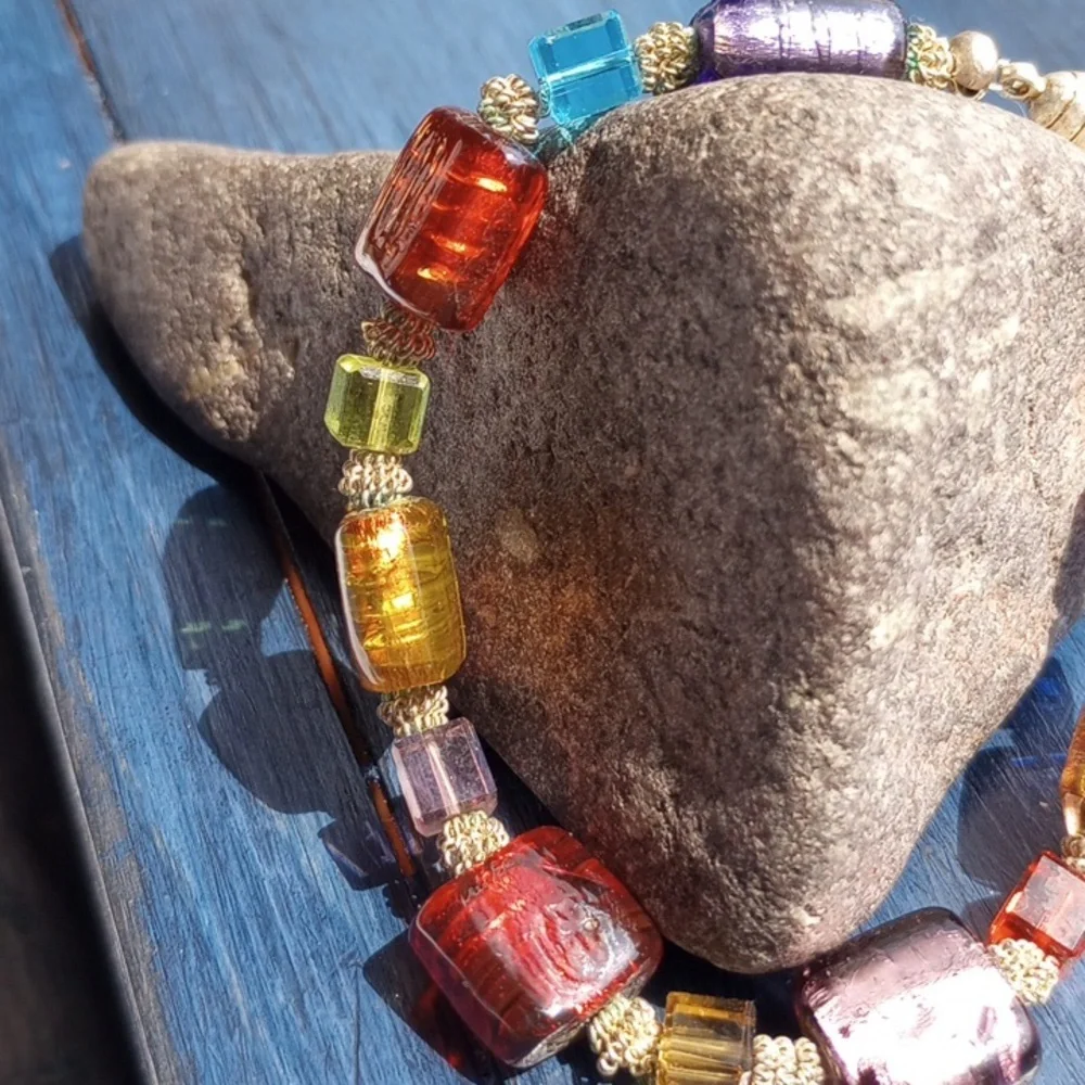 Colorful Silver foil glass art beads with square crystals, silver beads